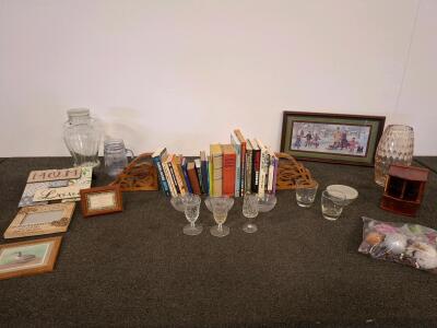Mixed Home Decor & Household Item Lot &ndash; Framed Prints, Glassware, Books, Wooden Organizer. Shelf B