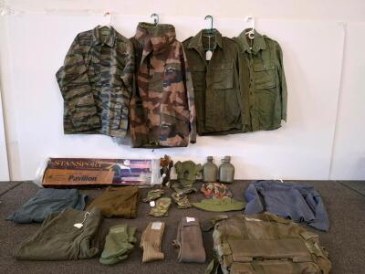 Mixed Military Surplus Lot&mdash;US UK Field Jackets, OG-107, Sweater, Rucksack, canopy, Canteens