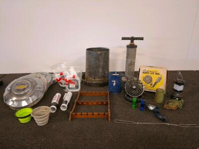 Cordomatic Model 500 Handy-Lite Reel, Chevrolet Hubcaps, Hand Tools, Sealant, Camping Gear Lot Shelf B.