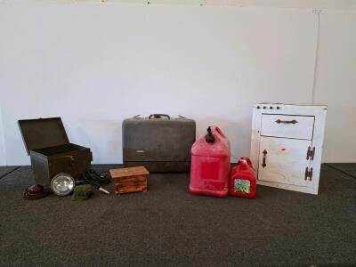 Lot of Vintage Suitcase, Metal Box, Blitz 5-Gal Gas Can, Wood Play Kitchen & Storage Box