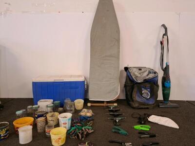 Mixed Lot: Assorted Steel Nails & Fasteners, Approx. 5&ndash;10 lbs in Glass & Plastic Containers, standing ironing board, coleman cooler, cooler bag with wheels and handle, Bissell lightweight vacuum. and more