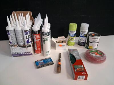 Assorted Home Improvement Supplies: DAP Caulk, Roberts Adhesive, Rust-Oleum Paint, Ace Trimmer Line