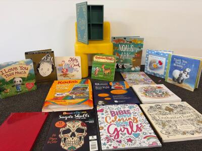 16 Children&rsquo;s/Coloring Books, Kodak/HP Paper, Yellow Kid&rsquo;s Chair, Xmas Storage Box, And More