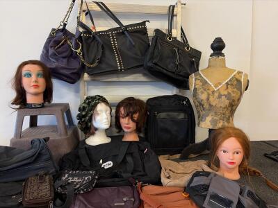 Store Display Lot with Female Dress Form, 4 Mannequin Heads, Bags, Aluminum Rack, Plastic Riser