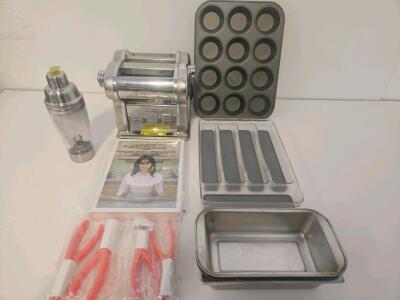 Electric Pasta Maker 135W (Tested And Powers On), Muffin Tin, 4 Loaf Pans, Cocktail Shaker, Cookbook, Organizer, Tongs