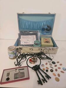 Vintage Suitcase, Collectibles, Saddle Covers, Korean Gift Set, Keys, Coins, Mug, And More