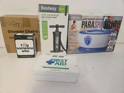 HOMEDICS Paraspa Deluxe Heat Therapy System, Inflation Pump, Game, Shower Chairs, Metal First Aid Container