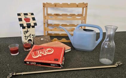 16 Bottle 4-Tier Wooden Wine Rack, 5 Lunch Trays, Deluxe Uno, Glass Carafe, Curtain Rod, And More