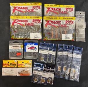 Large Mixed Lot Fishing Tackle - Strike King Rage Tail Baits, Hooks, Jigs, Swivels, Sealed Packs