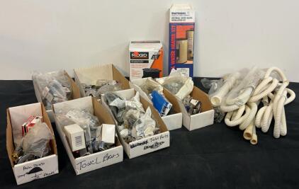 Assorted Plumbing Hardware Lot &ndash; Water Heater Kit, Wet/Dry Vac Filter, Faucet Handles, Hoses