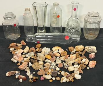 Mixed Decorative Glass Jars, Bottles, Vase & Decanter Plus Lot of 100+ Rough Quartz & Jasper Rocks