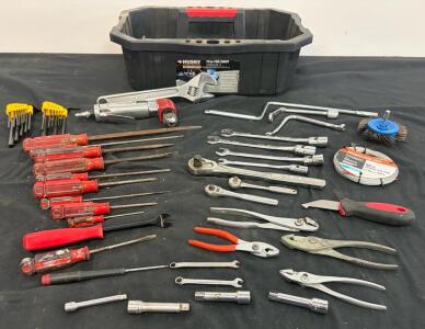 Husky 20" Tool Caddy w/ Mixed Hand Tools, Ratchets, Wrenches, Pliers, Air Die Grinder, Stanley Hex Sets