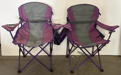 Pair of Purple and Grey Folding Camping Chairs with Cup Holders and Carry Bag
