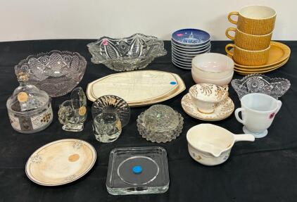 Mixed Vintage Glassware, Blue Transferware Plates, Gold Filigree Cup, Ceramics