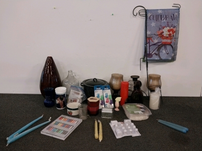 Large Decor & Craft Lot: Vase, 1-Gal Glass Jug, Stockpot, Garden Flags, Lenox Candle, Craft Kits & more