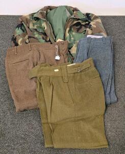 US Army M-65 Field Jacket Woodland Camo Medium X-Short w/ Three Pairs Vintage Wool Trousers Size 30x28 (Loc B)