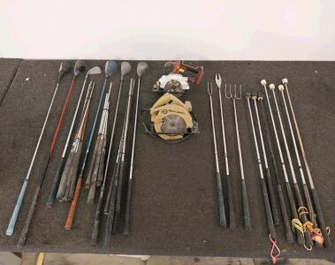 Mixed Lot: Black & Decker 7-1/4" Corded Saw, Chicago Electric 5-1/2" Cordless Saw, Golf Clubs, BBQ Tools(Location K)