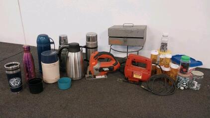 Mixed Lot: Black & Decker Jigsaw, Peer Kraft Sabre Saw, Stanley & Aladdin Thermoses, Stanley Handyman Drill Kit Box & More(Location K)