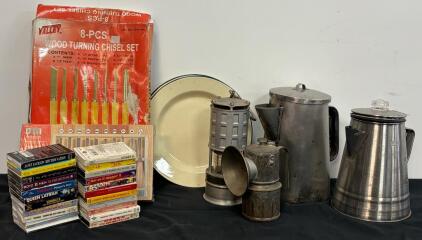 Vintage Lot: Cassette Singles Hip-Hop R&B, Chisel Sets, Lanterns, Coffee Pots, Enamel Plate