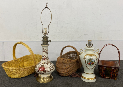 (3) Baskets And (2) Vintage Lamps