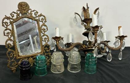 Ornate Brass Table Mirror, 5-Arm Crystal Chandelier & 5 Vintage Glass Insulators, Victorian Era