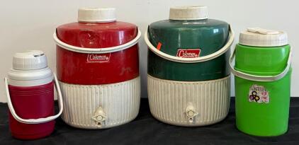 Vintage Coleman 5 Gallon Red & Green Beverage Coolers w/ Spigots, Small Family Jugs (Location C)