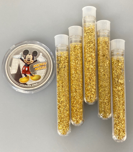 (5) Bottles Of Gold Flake/Leaf Gold And Mickey Mouse Collectible Coin