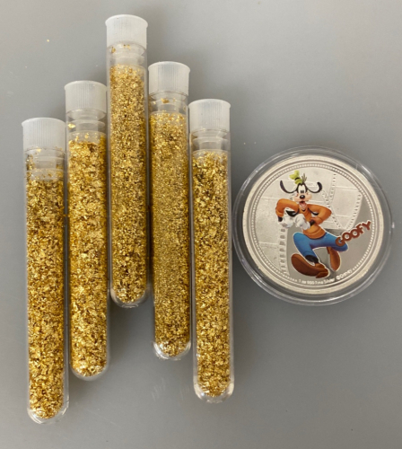 (5) Bottles of Flake Gold/Leaf Gold and Goofy Collectible Coin