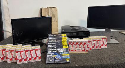 Bulk Lot: 2 Monitors (Dell & Samsung), HP OfficeJet 6700 Printer, 60 CFL Bulbs, 112 Washer Tablets