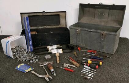 WWII S.S. MFG. CO. 1943 Steel Toolbox, Tuff-Box, 50+ Mixed Tools, Hardware, Leather & Hand Tools (Shelf B)