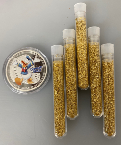 (5) Bottles of Flake Gold/Leaf Gold and Donald Duck Collectible Coin