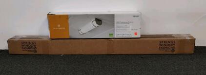 Springs Window Fashions 34"x64" Horizontal Faux Wood Blinds, Brown/Bronze, portfolio LED flush mount fixture.