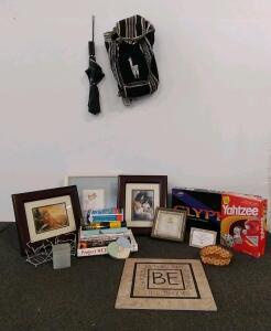 Large Mixed Lot: Books, Yahtzee, Glyphax Board Game, Wall Art, Framed Prints, Decor & Accessories