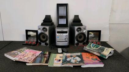 Sony MCD-HFZ9 Mini Hi-Fi Stereo System, 2 Speakers, Dual Remotes, 120W, CD, FM/AM, 2005, wall decor, educational books, and white board.
