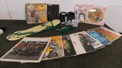 Lot of 12+ Vintage Vinyl LPs: Elton John, Rocky Horror, Sesame Street, Picture Disc, 2x swings, trailer replacement lock and keys, and more. (Shelf A)