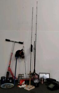 Lot of 3 Fishing Rods and Reels, Spinning/Casting, Cork Handles, Razor scooter for adults/big kids, Train/union Pacific collectables.