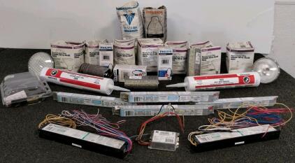 Commercial Lighting Lot: Ballasts (Advance, GE, Fulham), Metal Halide & CMH Lamps, Johnsonite Adhesive, and more (Shelf B)