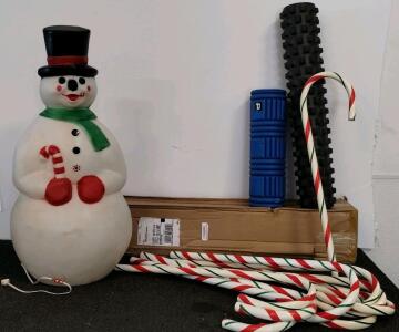 Holiday Blow Mold Snowman Light-Up, 8 Candy Cane Stakes, 2 Foam Rollers, Window Film Roll (Shelf A)