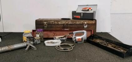 Vintage Black & Decker Jigsaw(needs work), Metal Toolbox with Fasteners, Large toolbox, Tools & Caulking Gun Lot (shelf B)