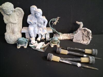 Outdoor Garden Statue Lot &ndash; Angels, Children, Frogs & Solar Lights &ndash; 8 Figures + 3 Solar Lamps