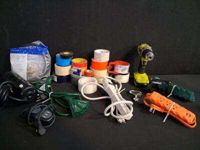 Ryobi Cordless Drill, Mixed Tape Lot, GE 6ft 30A Cord, Extension Power Strips & Accessories (FN F)