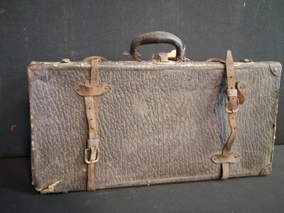 Antique Hard Sided Suitcase, 1920s-1940s, Faux Leather, Metal Hardware, 24" x 14" x 6", Paper Tag(Fn F)