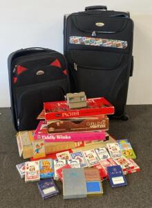Vintage Lot: Playing Cards, Board Games, Flash Cards, View-Master, and Suitcases