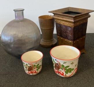 Mixed Lot of 5 Decorative Planters and Vases &ndash; Ceramic, Metal, Glass
