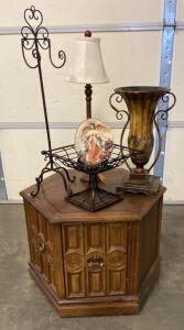 Vintage Hexagonal Wooden End Table Cabinet, Ornate Doors, 1970s, Mid-Century Style, 27"x21"x22" and Home Decor