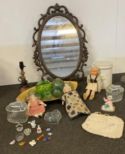 Vintage Mirror, Dolls, Glass Floats, Crystal Containers, Figurines & Decor Mixed Collectible Lot