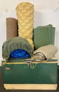 Vintage Coleman 54-Quart Steel Belted Cooler, Green, Metal Body, Includes Camping Gear