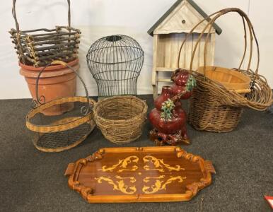 Vintage Rustic Basket Lot with Wood Birdhouse, Terra Cotta Pots, Decorative Tray, Wire Birdcage
