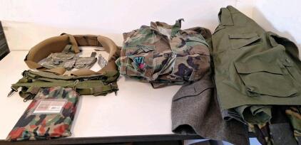 (1) Rubberized Hevy Duty Poncho, (1) USMC ILBE Hip Belt, Medium, (2) Y-Suspenders, & Assorted Sized Articles Of Military Clothing, In FN-A
