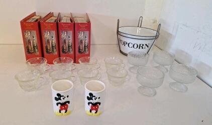 (2) Vintage Disney Ceramic Mickey Mouse 3D Figure Classic 6-Oz Tumbler Cups, Japan, (4) Homemade Treats Cookbooks & Assorted Cut Glass Cups, In FN-B